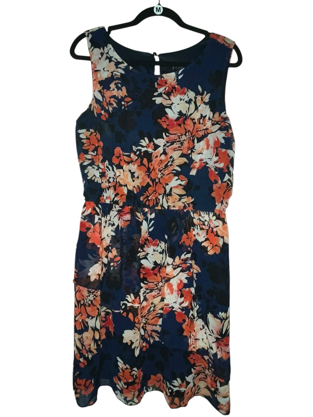 Enfocus Studio Navy Floral Sleeveless Mini Dress with Coral & Cream Blooms